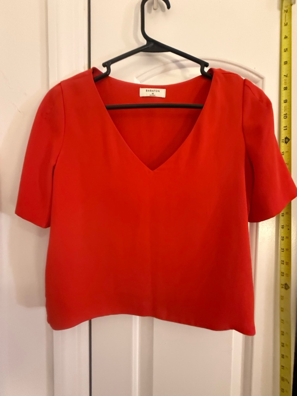 Babaton Bright Red V-Neck Short Sleeve Blouse